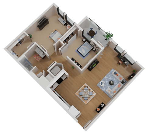 Floor plan for 2 beds, 1 bath, 950 sqft